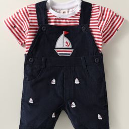 ToffyHouse Cotton Knit Dungaree & Half Sleeves Striped T-Shirt With Boat Embroidery - Navy Blue-image-79