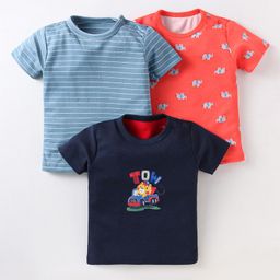 Kidi Wav Pack Of 3 Cotton Half Sleeves Animals Printed Tees - Multi Colour-image-53