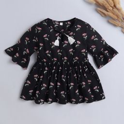 The Magic Wand Cotton Three Fourth Peasant Sleeves FloralPrinted Top - Black-picture-8