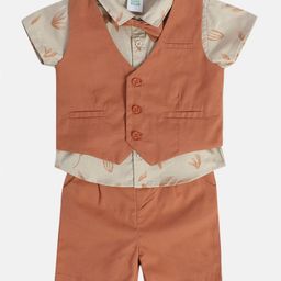 MINI KLUB Cotton Half Sleeves Leaves Printed 3 Piece Party Suit Set With Bow - Brown-picture-31