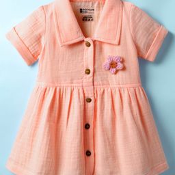 Bodycare Cotton Knit Half Sleeves Shirt Dress With Floral Crochet Applique - Peach-image-47
