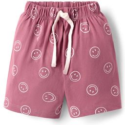 Pink Rabbit Single Jersey Knit Above Knee Length Shorts With Smiley Print - Red-image-89