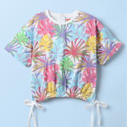 Babyhug Cotton Knit Half Drop Shoulder Sleeves Top with Tropical Theme Print - White-image-66