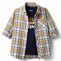 Pine Kids 100% Cotton Full Length Checks Shirts With Text Printed Tank T-Shirt - Yellow & Navy Blue-image-72