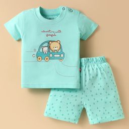 Mini Taurus Sinker Knit Half Sleeves Shorts Night Suit With Bear Print - Mint-image-23