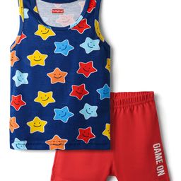 Babyhug 100% Cotton Single Jersey Knit Sando & Shorts Set With Star & Text Print - Navy Blue & Red-image-49