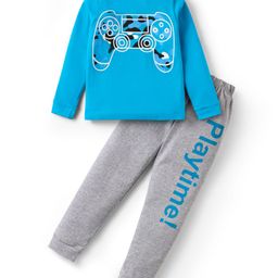 Unicorns Cotton Woven Full Sleeves Video Game Controller Printed Coordinating Night Suit Set - Blue & Grey-image-4