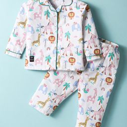 Enfance Core Cotton Woven Full Sleeves Animals Printed Coordinating Night Suit Set - White-picture-24