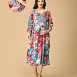 The Mom Store Cotton Three Fourth Sleeves Floral Printed Maternity Dress With Nursing Access - Multi Colour-image-5