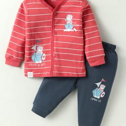 CUCUMBER Sinker Knit Full Sleeves Front Open T-Shirt & Lounge Pant Set With Animal Print - Red & Navy Blue-image-70