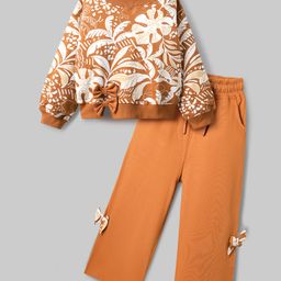 Ollington St. 100% Cotton Knit Leaf Printed Full Sleeves Sweatshirt & Trackpant Set - Brown-image-60