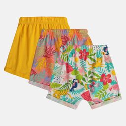 MINI KLUB Cotton Woven Pack Of 3 Solid & Floral Printed Shorts - Pink Mustard & White-image-80