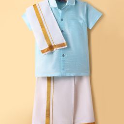 Dapper Dudes Cotton Silk Woven Half Sleeves Solid Shirt With Placement Foil Striped Mundu & Angavastram Set - Sky Blue-image-17