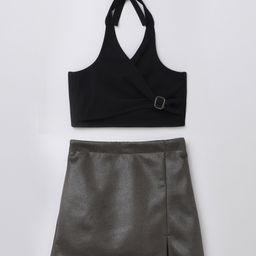 Taffykids Knit Sleeveless Solid Crop Top & Textured Skirt Set - Black & Olive-image-81