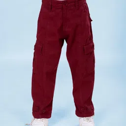 Kiddopanti Cotton Woven Front Cut & Sew Detailed Solid Cargo Pant With Bottom Tab - Maroon-picture-40