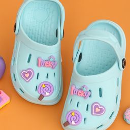 Yellow Bee Solid Perforated Slingback Clogs With Candy & Hearts Charms - Blue-picture-5