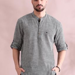 FILORI Geometric Woven Design Mandarin Collar Roll-Up Sleeves Pure Cotton Short Kurta-picture-55