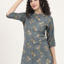 Divena Women Floral Print Mandarin Collar Roll-Up Sleeves Top-image-77