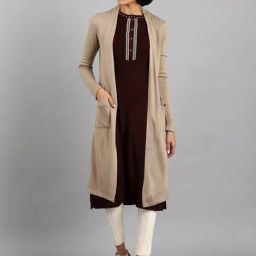 W Biege Plain Long Cardigan-42