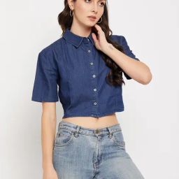 MADAME Navy Regular Fit Crop Shirt-image-56