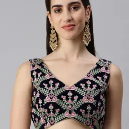 flaher Women Embroidered Velvet Ready To Wear Padded Saree Blouse-image-12