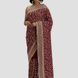Mohey Wine Zari Work Saree With Unstitched Blouse-picture-2
