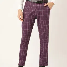 Sojanya Purple Cotton Regular Slim Fit Checks Flat Front Trousers-image-53