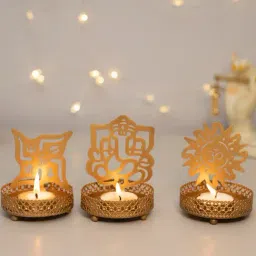 Homesake Shadow Ganesh Sathiya Om Gold Metal Tea Light Holder - Set of 3-image-95