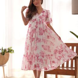 LABELKBBRAND Floral Print Puff Sleeve Organic Cotton Fit & Flare Midi Dress-image-2