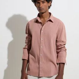 Ascot by Westside Dusty Pink Textured Relaxed-Fit Cotton-Blend Shirt-13