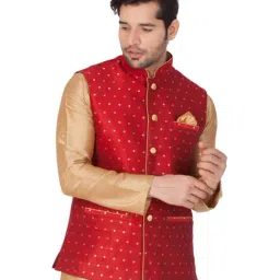 VASTRAMAY Red Straight Fit Self Pattern Nehru Jacket image 3