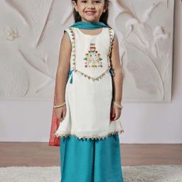 VASTRAMAY Girls White & Blue Kurta Plazoo And Dupatta Set-image-77