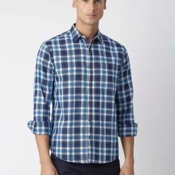 HJ HASASI Blue Slim Fit Check Cotton Shirt-image-86