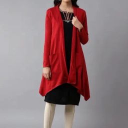 W Bright Red Plain Long Cardigan-36