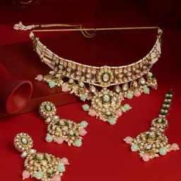 Zaveri Pearls Green Pink Bead Kundan Meenakari Multistrand Necklace Earring Maangtikka Set-image-57