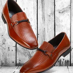 ID Men Tan Brown Textured Formal Slip-Ons-image-32
