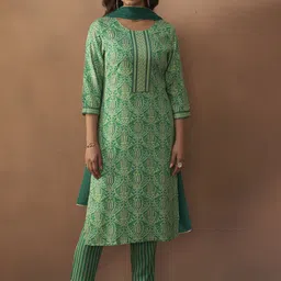 Anouk Green Ethnic Motifs Printed Straight Kurta with Trousers & Dupatta-12