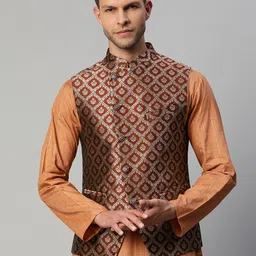 MANQ Men Maroon & Golden Woven Design Nehru Jacket-picture-13