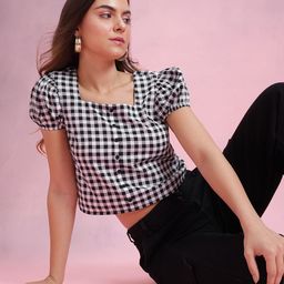 DressBerry Checked Puff Sleeves Top-image-4