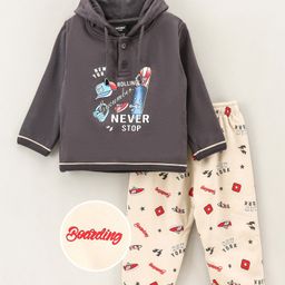 Cucumber Full Sleeves Night Suit Text Print - Grey Beige-image-3