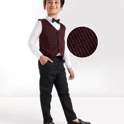 Mark & Mia Full Sleeves Party Suit With Waistcoat & Bow Solid- Maroon & Black-picture-9