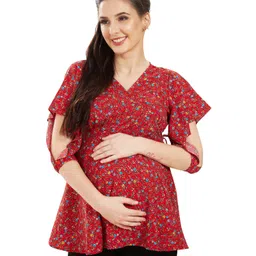Mom for sure by Ketki Dalal Full Sleeves Flowers Printed & Frill Detailed Maternity Top Overlapped Nursing Tie Up Access - Maroon-picture-37