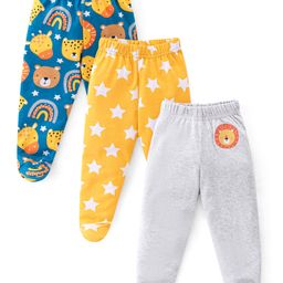 Babyhug Interlock  Cotton Knit Footed Bootie Leggings Star & Animal Print Pack of 3 - Blue White & Yellow-image-89