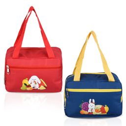 Kuber Industries Pack of 2 Lunch Bag  Insulated Lunch Bag  Lunch Bag for Office  Lunch Bag for Camping with Front Pocket  Waterproof Tiffin Cover with Handle  Fruit Rabbit-Print  Blue & Red-92