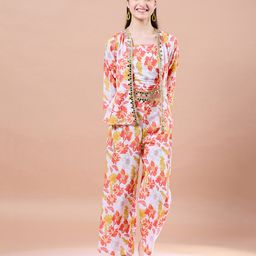 Pspeaches Three Fourth Sleeves Floral Printed & Mirror Work Embellished  Top Pant & Jacket Set - Multi Colour-picture-43