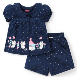 Babyhug Cotton Knit Half Sleeves Night Suit With Cat Print - Navy-image-77
