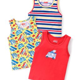 Babyhug 100% Cotton Knit Sleeveless Vests with Striped & Vehicle Print Pack of 3 - Multicolor-image-37