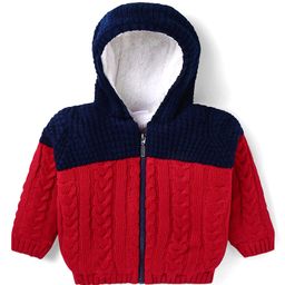 Babyhug Knitted Full Sleeves Front Open Hooded Sweater With Cable Knit Design - Red & Black-image-46