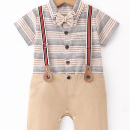 Mark & Mia Half Sleeves Knee Length Striped Party Romper with Bow & Suspender - Khaki-image-15