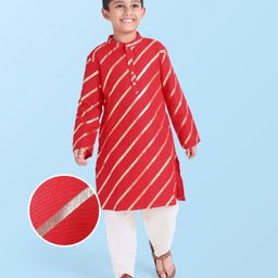 Earthy Touch Woven Full Sleeves  Striped Kurta Pyjama Set - Red-image-15